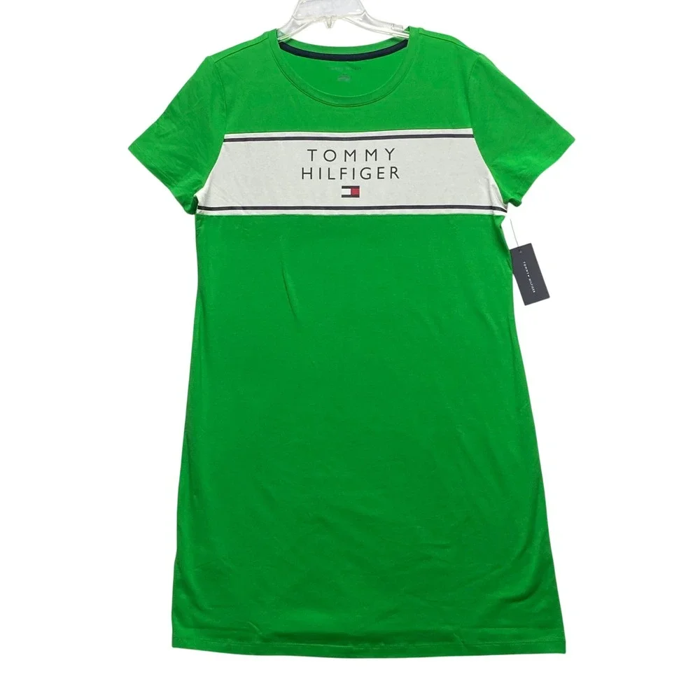 Tommy Hilfiger Womens Green Logo Stripe T-Shirt Mini Dress‎ L New - Picture 3 of 6